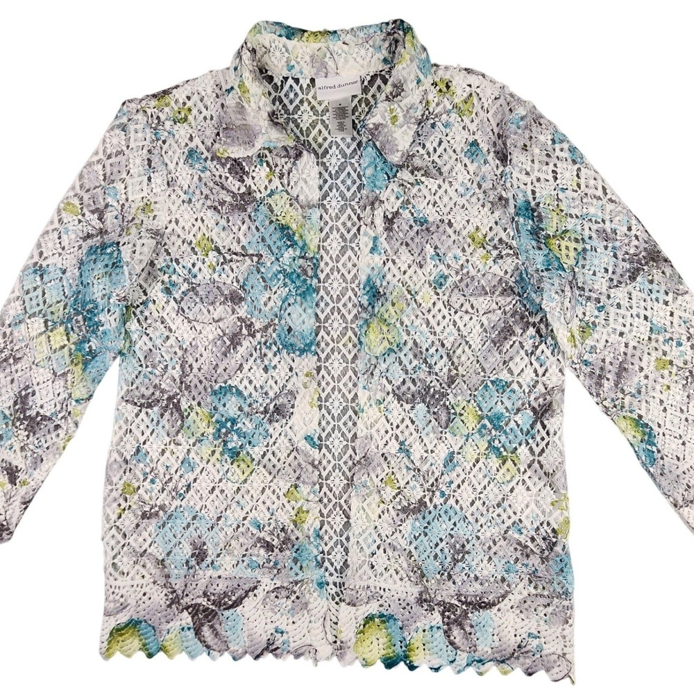 Alfred Dunner Lace Cardigan Blue Floral‎ Medium Crochet Open Front Versailles